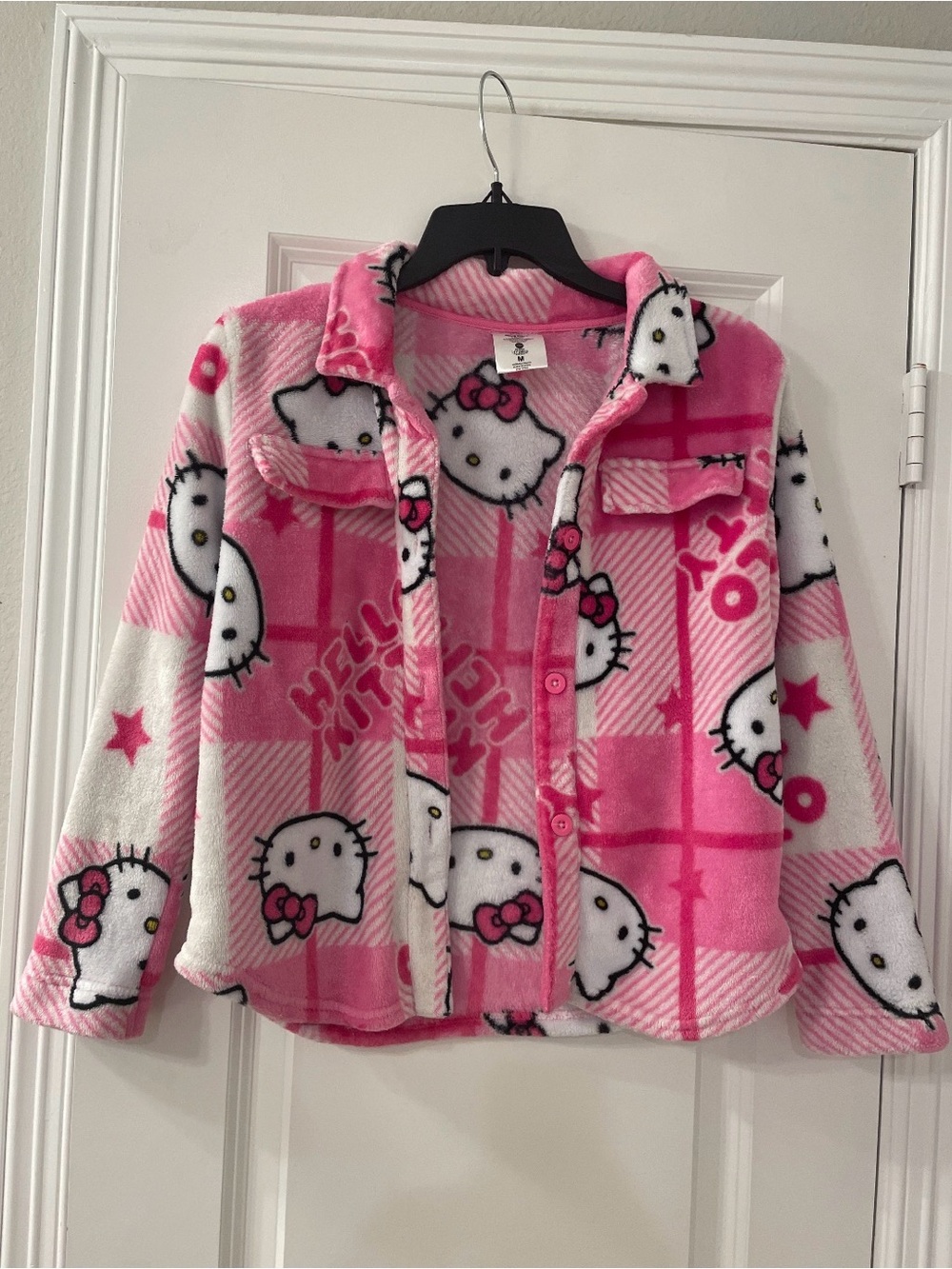 Hello Kitty Pink & White Button-Up Plush Kids Blouse